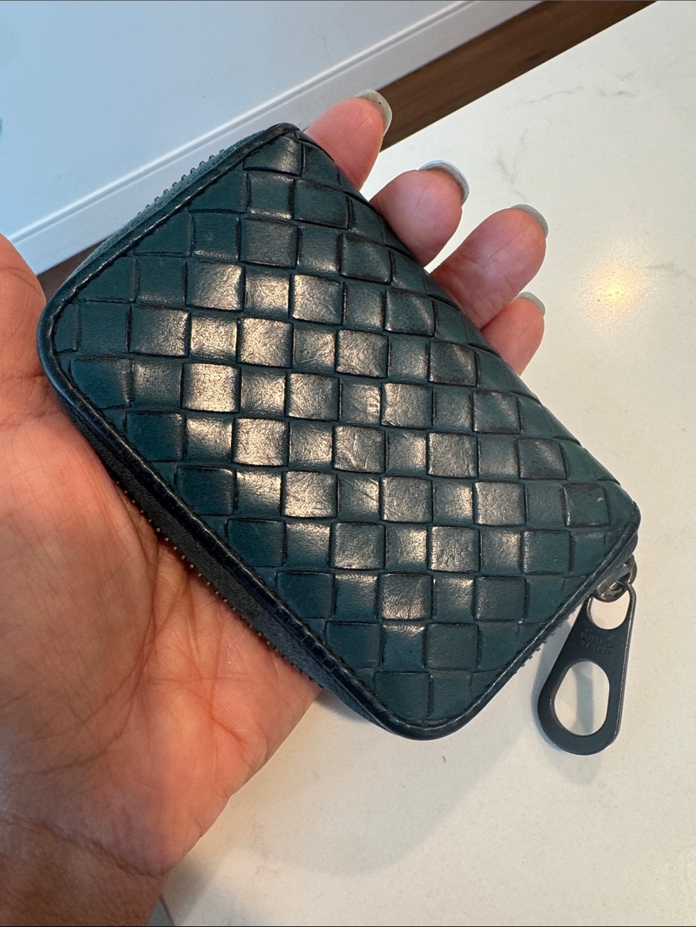 Bottega Veneta Dark Teal Intrecciato Zip Card Wallet 100 %Authentic